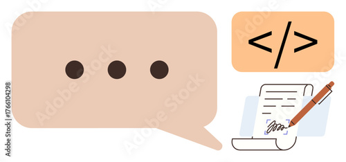 Chat bubble with ellipsis, code snippet, and signed document with pen. Ideal for communication, coding, writing, collaboration, teamwork digital interaction productivity. Simple flat metaphor