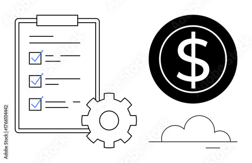 Checklist with ticked tasks, cogwheel, and dollar sign against minimal background. Ideal for workflow, productivity, financial management, business strategy, development, planning and efficiency in