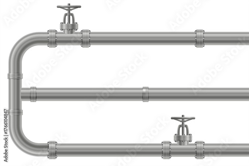 Realistic stop valve and metal pipeline. Manual rotary valve type for installation in the water supply system. Сonstruction industry. Vector illustration isolated on white background