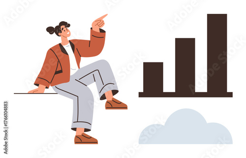 Woman sitting and pointing at a rising bar chart with a cloud beneath, representing growth, ambition, goal achievement, career success, business strategies, progress visualization, and innovation. A