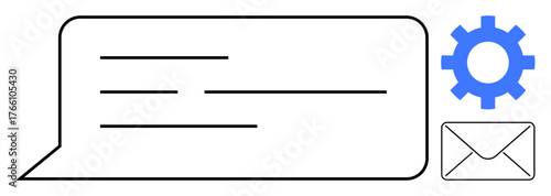 Speech bubble with message lines, blue gear, and envelope representing communication processes, teamwork, strategy, technical support, productivity, message delivery collaboration. Simple flat