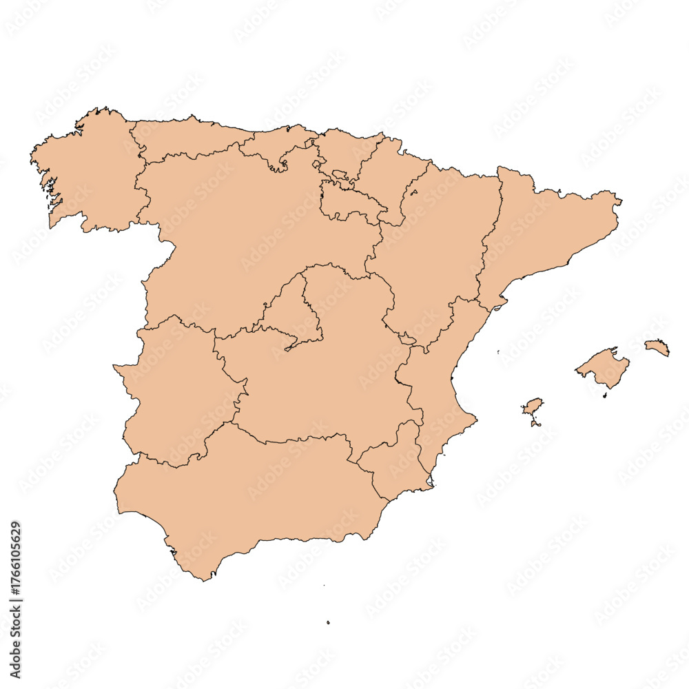 Obraz premium Editable vector silhouette of the European country of Spain, divided into its main administrative regions.
