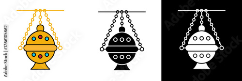 Golden incense censer hanging on chains, shown in color, black, and white. Traditional church thurible used in worship rituals. Ideal for liturgical or faith artwork.