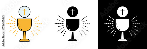 Holy chalice with host and radiant lines in color, black, and white. Religious Eucharist symbol representing communion and holiness. Perfect for Christian themes.