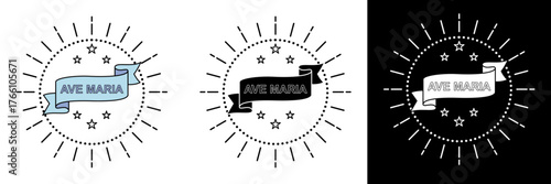 Stylized “Ave Maria” emblem with rays and ribbon in color, black, and white. Represents devotion, purity, and faith. Ideal for church or spiritual art projects.