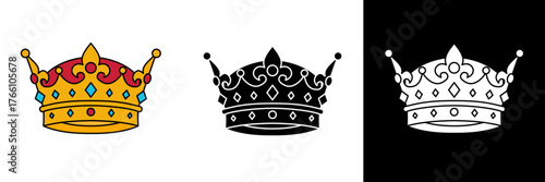 Elegant royal crown illustration with colored, black, and white versions. Symbol of power, majesty, and authority. Perfect for religious, luxury, or heraldic designs.