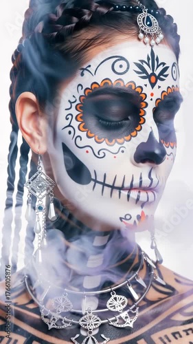 Dynamic 5-second artistic video featuring a woman in sugar skull makeup, her braids moving gently in the wind as colorful smoke flows behind her, illuminated by dramatic backlight and soft lens flares