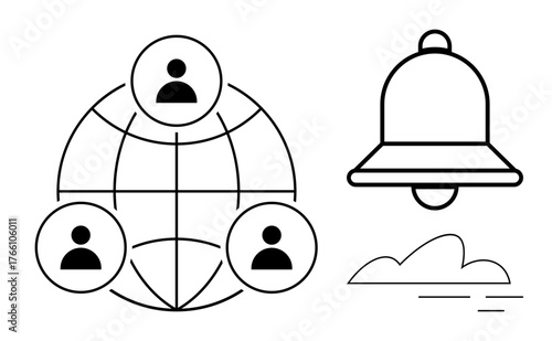 Globe with user icons signifying a network connection, bell symbol for notifications, and a simple cloud. Ideal for communication, alerts, teamwork, connectivity, collaboration, technology
