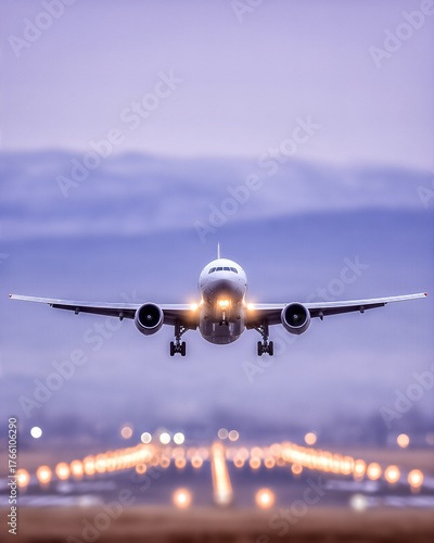 Plane Takes off Into the Dawn Sky, Illuminating the Runway With Bright Landing Lights