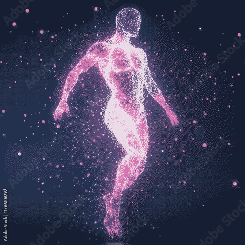 Abstract digital rendering of a glowing humanoid figure in motion