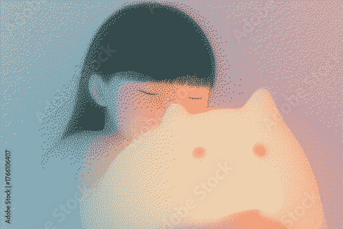 A girl embraces a soft lit bear-shaped lamp in a soothing pastel setting
