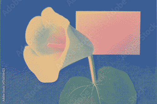 Stylized flower illustration with a pastel color palette and geometric background