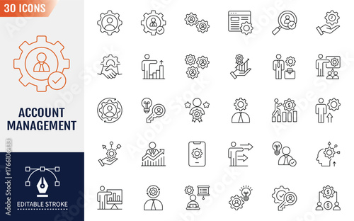 Account management icon set. Containing icons: client engagement, retention, sales support, verified, business presentation, contract negotiation, upselling. Vector Illustration