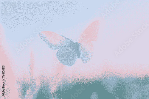 Soft pastel butterfly hovering above floral elements with an ethereal vibe
