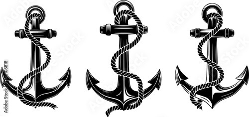 Three black nautical anchor silhouettes with rope isolated on white background
