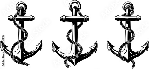 Three black nautical anchor silhouettes with rope isolated on white background
