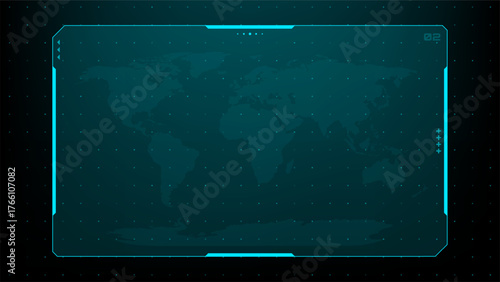 Futuristic user interface display with world map background for digital data analysis. Technology screen for global network, communication concept.