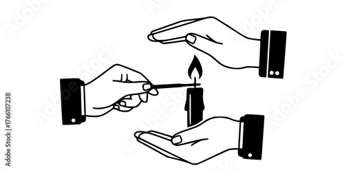 Hands Lighting Shamash Candle Ritual Flat Vector Icon