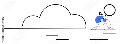 Person using magnifying glass to examine cloud computing concept. Ideal for data analysis, technology, cybersecurity, research, cloud storage, innovation, and digital search. Simple flat metaphor
