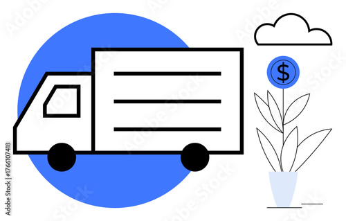 Delivery truck alongside potted plant with dollar sign symbolizing financial growth, business investment, logistics, eco-friendly transport, sustainability, and shipping. Ideal for logistics, growth