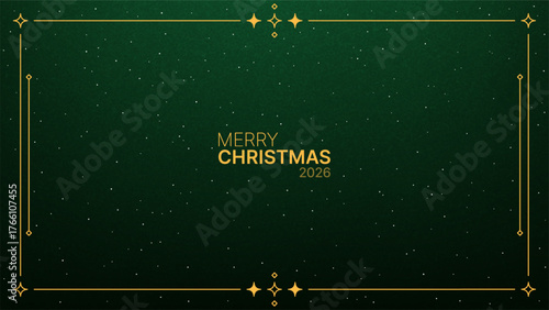 Merry Christmas 2026 vector on green background with stars and gold decorative frame. Holiday greeting card design for Winter celebration.