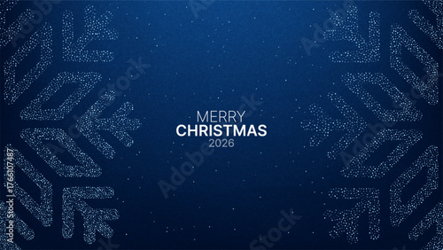 Merry Christmas 2026 greeting text with stardust snowflake design on dark navy blue background for holiday card and winter season celebration