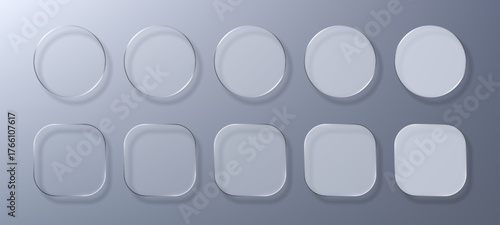 Set of liquid glass morphism vector elements in various circle and square shapes with transparency. Modern user interface button design.