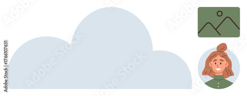 Cloud graphic with female avatar and uploaded image thumbnail. Ideal for data sharing, user profiles, file storage, online interaction, digital security, cloud service, simple flat metaphor