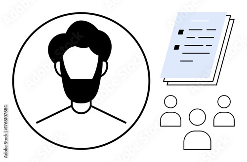 Profile picture within a circle, three abstract human figures, and a document with text. Ideal for teamwork, hiring, leadership, HR, UX design, networking collaboration simple flat metaphor