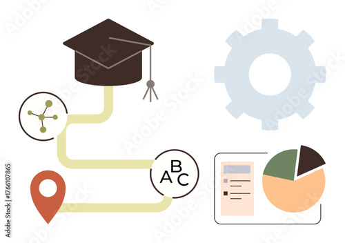 Graduation cap linked to milestones, map pin, analysis chart, and gear. Ideal for learning, education, academic progress, career, study planning achievement skill-building simple flat metaphor
