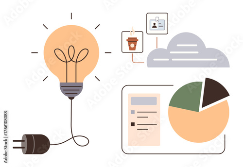 Light bulb plugged into power as ideas spark, cloud storage, pie chart, and checklist highlight innovation, technology, and data analysis. Ideal for brainstorming, data, analytics planning energy