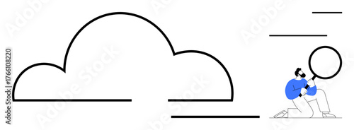 Person kneeling with a magnifying glass examining a cloud, symbolizing data analysis, exploration, and focus. Ideal for technology, cloud computing, research, investigation, analytics innovation