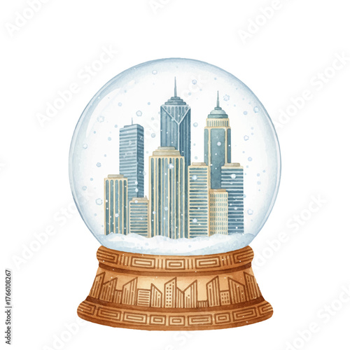 Snow globe with modern cityscape with skyscrapers inside vector illustration. Gentle snowfall over the urban skyline.