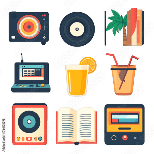 Retro Entertainment Collection With Music Player Drink And Book On White Background