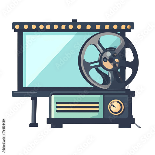 Retro Projector Screen with Vintage Film Reel and Lights Above Screen on White Background