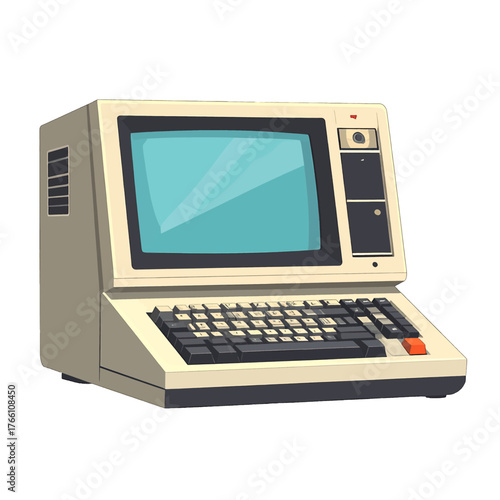 Retro Desktop Computer With A Beige Casing And A Teal Screen Displaying Pixelated Graphics On A White Background