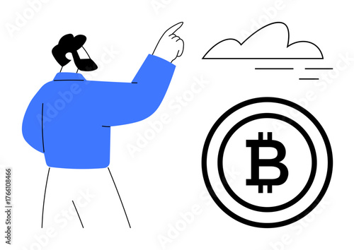 Man pointing towards a cloud near a Bitcoin logo, symbolizing cryptocurrency, blockchain, and financial technology. Ideal for fintech, trading, blockchain, decentralization, innovation finance