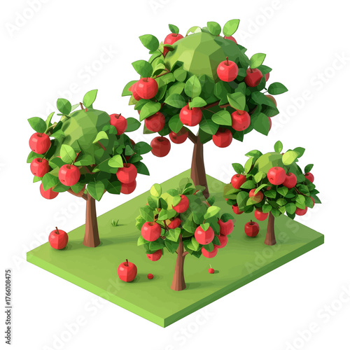 Low Poly Apple Orchard With Red Fruit On Green Trees And Ground On White Background