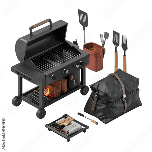 Black Outdoor Barbecue Grill With Utensils And Carrying Bag on White Background