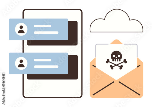 Email with malware icon, chat notifications, cloud storage icon emphasize security threat and digital safety. Ideal for cybersecurity, online risk, phishing, hacking, email safety, malware
