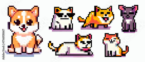 Vector illustration in pixel art style featuring cute cartoon cats and dogs with bold outlines. Theme: playful animals. Colors: orange, yellow, brown, white, grey.