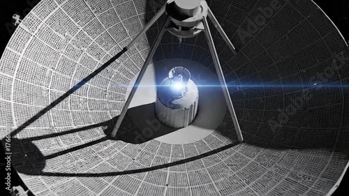 Advanced satellite dish in dark outer space with glowing light emitting from receiver for communication and data transmission technology