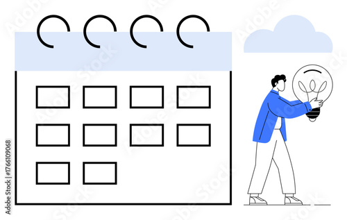 Large spiral calendar with marked dates and man holding glowing bulb. Ideal for planning, innovation, creativity, scheduling, organization, time management, productivity. Simple flat metaphor