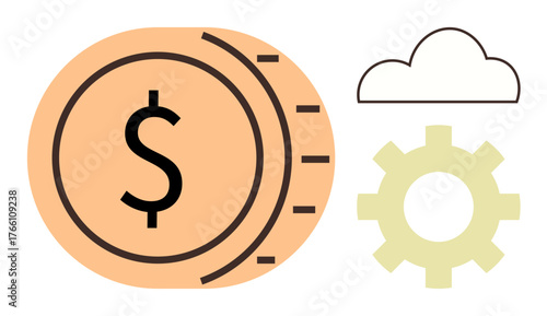 Dollar coin with cloud and gear illustrates financial management, cloud computing, and optimization. Ideal for business, technology, fintech, savings, strategy, finance digital transformation