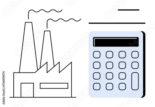 Factory buildings beside a calculator visualizing industrial accounting, cost management, and business calculations. Ideal for finance, production, manufacturing, industry, budgeting, corporate