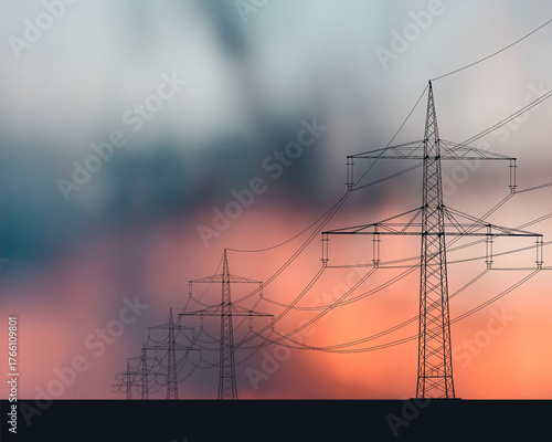 Принти на полотні The silhouette of power lines against the backdrop of sunset