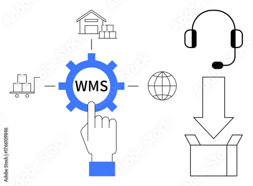 Gear labeled WMS surrounded by logistics icons including warehouse, cart, headset, globe, and box. Ideal for supply chain, inventory control, shipping, e-commerce distribution logistics simple