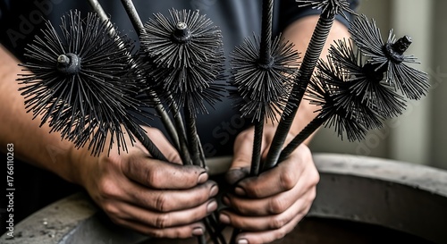 A chimney sweep worker inspecting a collection of brushes