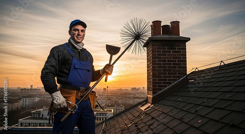 A chimney sweep standing proudly on a rooftop