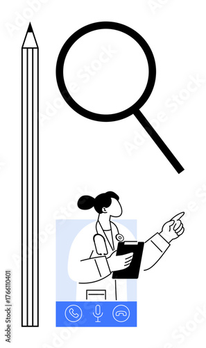 Female doctor pointing while holding clipboard with magnifying glass, pencil, and digital communication icons. Ideal for healthcare, telemedicine, research, analysis, education, teamwork simple flat